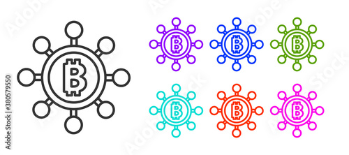 Black line Blockchain technology Bitcoin icon isolated on white background. Abstract geometric block chain network technology business. Set icons colorful. Vector.