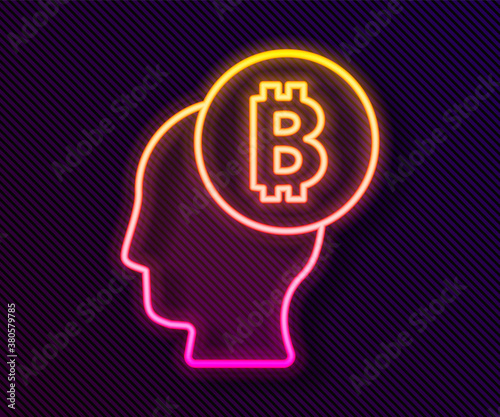 Glowing neon line Bitcoin think icon isolated on black background. Cryptocurrency head. Blockchain technology, digital money market, cryptocoin wallet. Vector.