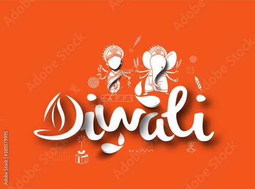 Diwali Hindu festival greeting card Poster Banner, Hand Drawn line art Vector illustration.