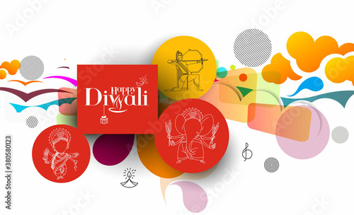 Diwali Hindu festival greeting card Poster Banner, Hand Drawn line art Vector illustration.