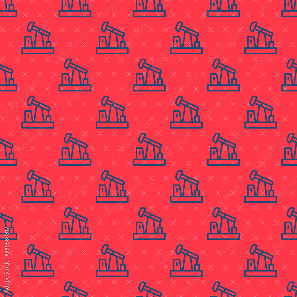 Blue line Oil pump or pump jack icon isolated seamless pattern on red background. Oil rig. Vector.