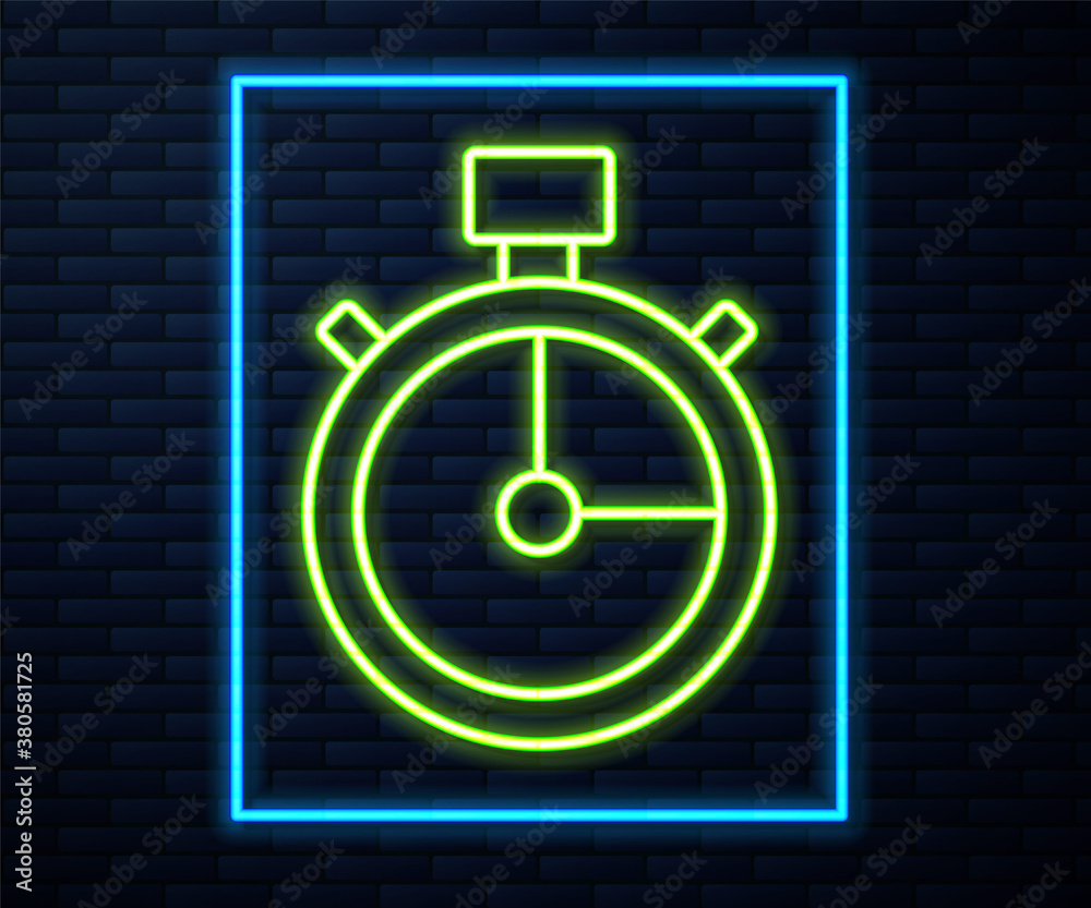 Glowing neon line Stopwatch icon isolated on brick wall background. Time timer sign. Chronometer sign. Vector. Glowing neon line Stopwatch icon isolated on brick wall background. Time timer sign. Chronometer sign. Vector.