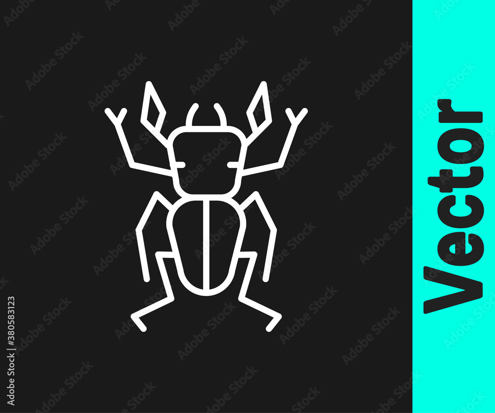 White line Beetle deer icon isolated on black background. Horned beetle. Big insect. Vector.