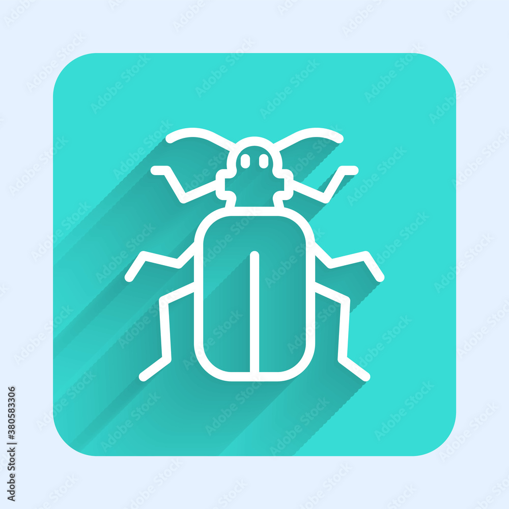 White line Chafer beetle icon isolated with long shadow. Green square button. Vector. White line Chafer beetle icon isolated with long shadow. Green square button. Vector.