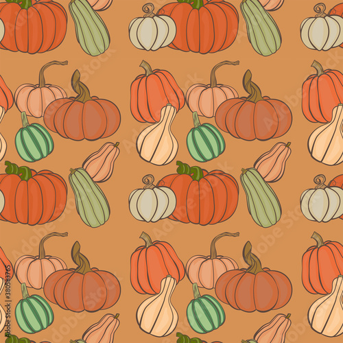 wallpaper of different kinds of pumpkins on an orange background for autumn