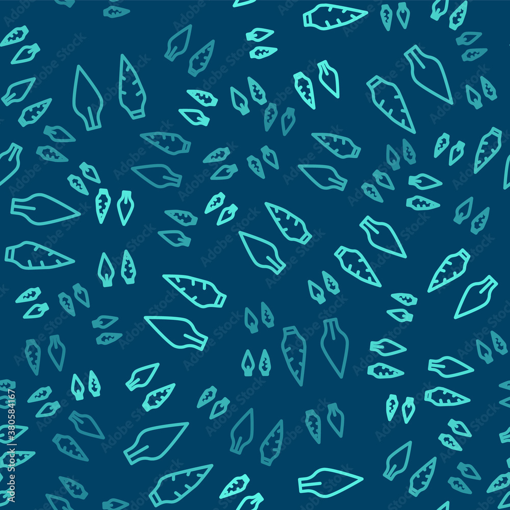 Green line Stone age arrow head icon isolated seamless pattern on blue background. Medieval weapon. Vector. Green line Stone age arrow head icon isolated seamless pattern on blue background. Medieval weapon. Vector.