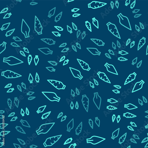 Green line Stone age arrow head icon isolated seamless pattern on blue background. Medieval weapon. Vector.
