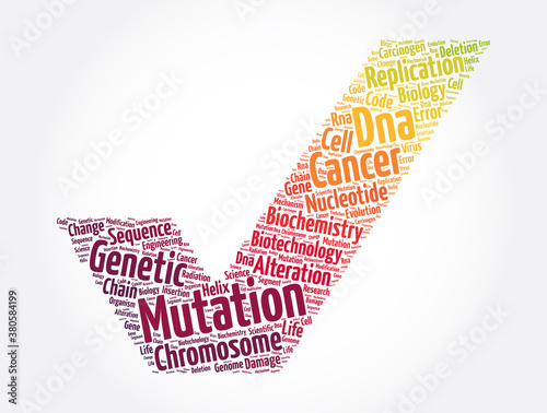 Mutation check mark word cloud collage, medical concept background