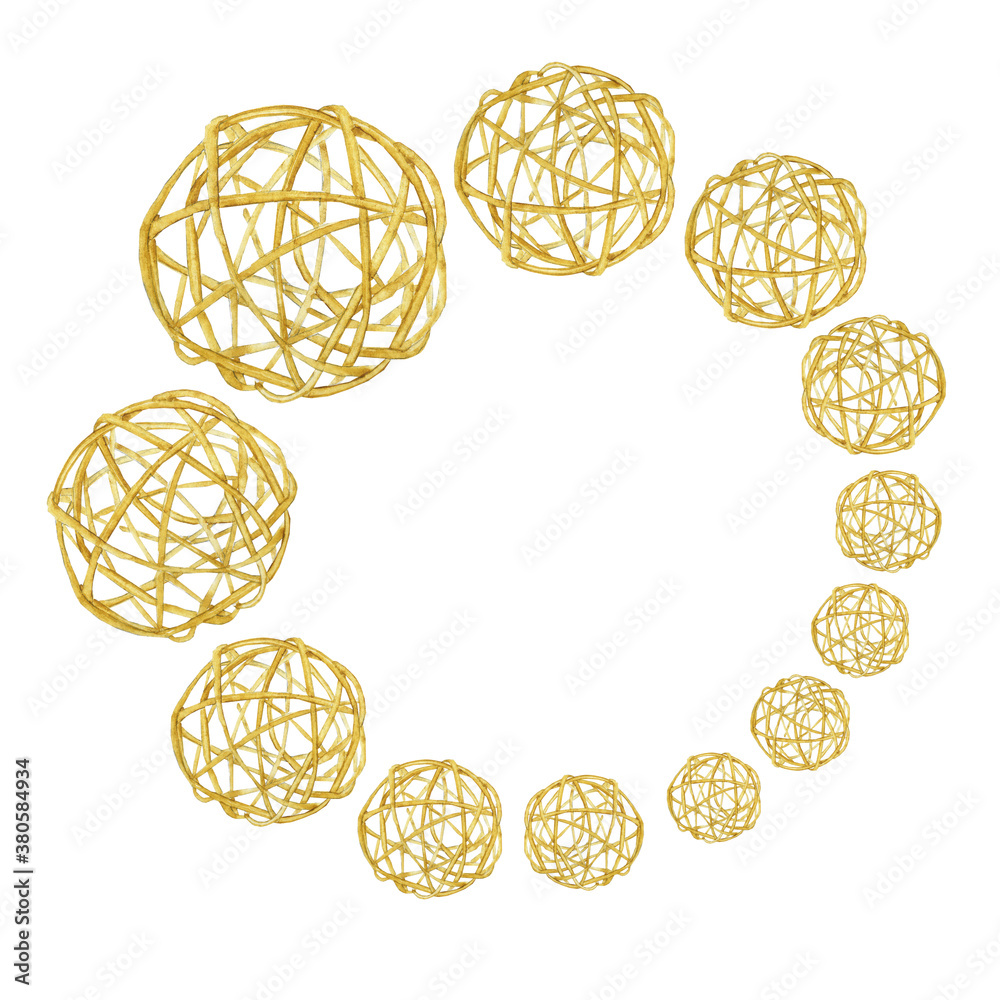 Frame of yellow rattan or pedig ball isolated on white background. Watercolor hand drawn illustration for card, poster, cute decoration. Place for text.