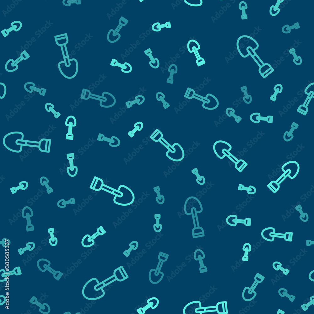Green line Shovel toy icon isolated seamless pattern on blue background. Vector. Green line Shovel toy icon isolated seamless pattern on blue background. Vector.