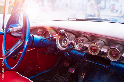 Interior of old vintage american classic car, Havana, Cuba