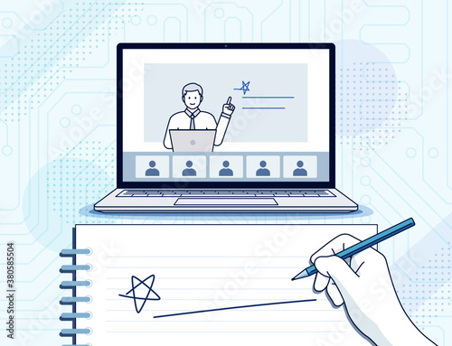 Online education illustration: live virtual classroom. hand holding a pencil to take notes. studying in front of laptop computer. editable stroke vector illustration