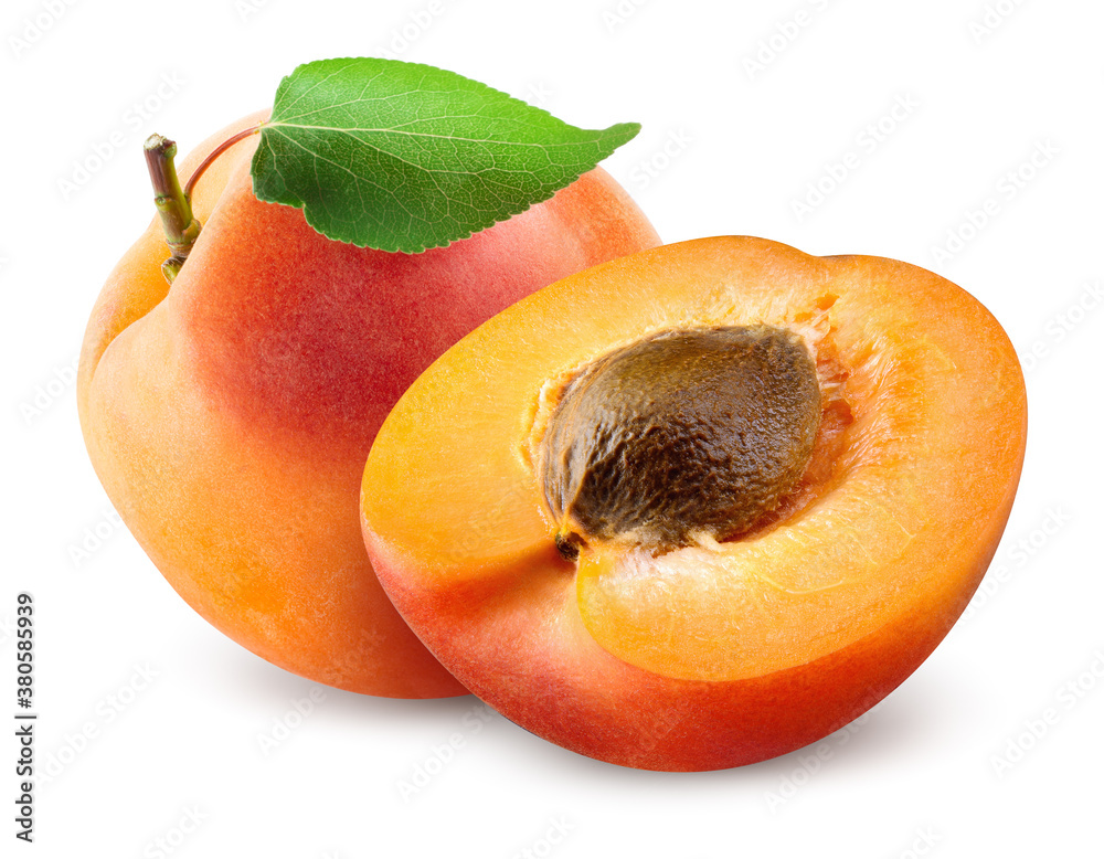 Apricots. Apricots isolate on white. Whole apricot with half  and leaf. Fresh apricot. With clipping path. Full depth of field. - obrazy, fototapety, plakaty 