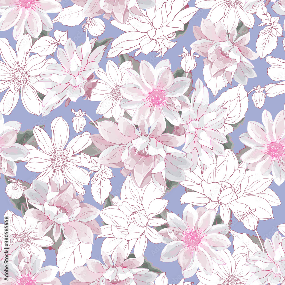 Beautiful Floral Seamless Pattern with Pink Dahlias on Blue Background. Watercolor Style. For Textile, Wallpapers, Print, Greeting. Vector Illustration.