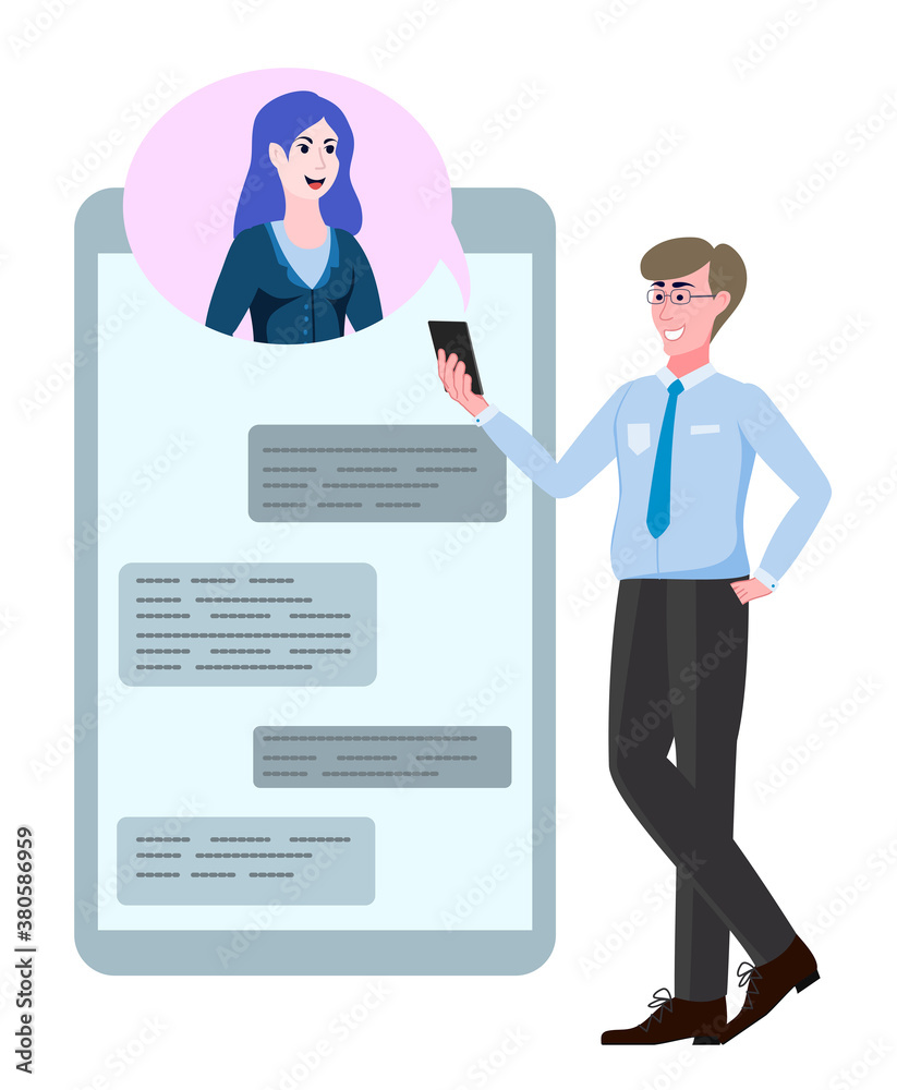 Fototapeta premium Business man and woman, virtual meeting. Video call and conference vector illustration with smartphone screens.