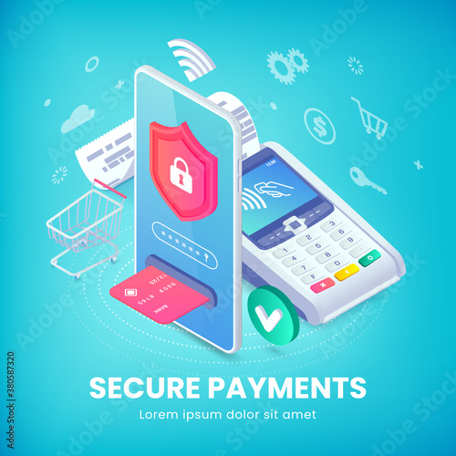 Online secure nfc smartphone payment isometric banner concept. Internet payments protection vector illustration with 3d mobile phone, pos terminal, shopping cart for web, ad, mobile app, infographics