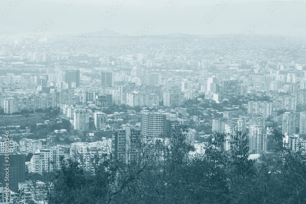 Monochrome view of a capital city centre. Blue monochrome cityscape.