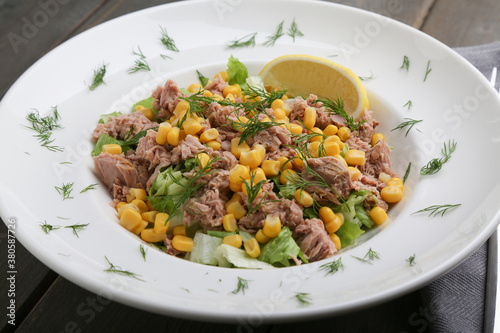 Tuna Salad with corn and lettuce close up