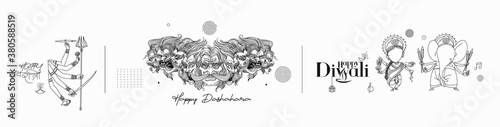 Diwali, happy dasahahara with hindi text of happy navaratrii Hindu festival greeting card Set Design.