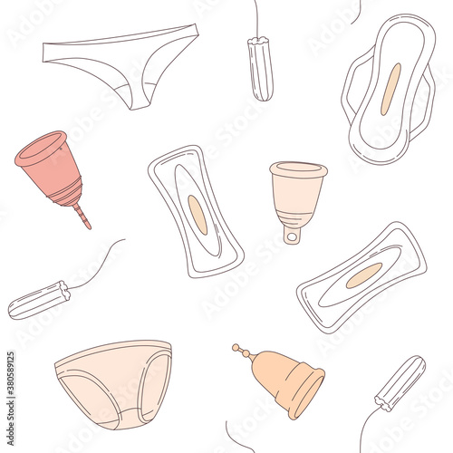 Women hygiene supplies for menstruation: underpants, pads, tampons, menstrual cup
