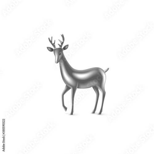 Realistic 3d silver metal deer. Decorative design element for New Year, Christmas holidays. Isolated on white background. Vector illustration.