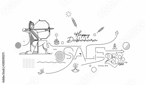 Lord Rama with arrow killing Ravana with text Happy Dussehra and Flat 25   Sale - Abstract Poster Banner Vector Design.