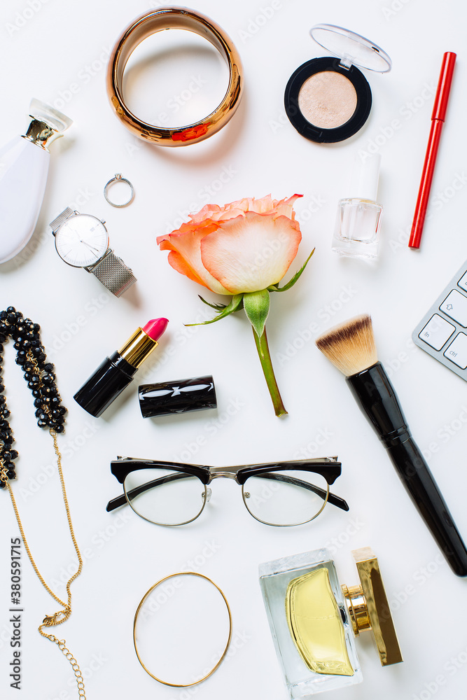 Overhead of a lot of feminine objects on desk. Overhead of a lot of feminine objects on desk.