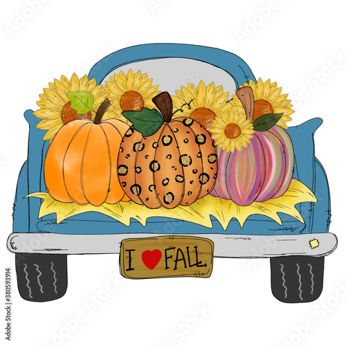 Thanks Giving - A colorful pumpkins in blue Classic truck isolated on white background.