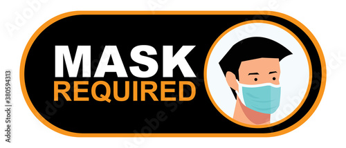 Mask required warning prevention sign - human profile silhouette with face mask in rounded rectangular frame - isolated vector information picture