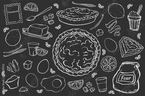 Illustration fresh sweet lemon pie isolated on black chalk board recipe for cafe menu price tag