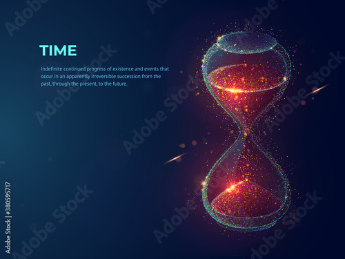 Hourglass abstract dotwork vector illustration made of cloud of colored dots. Graphic design concept of sand glass consists of neon particles. Digital art of watches on topic of time management