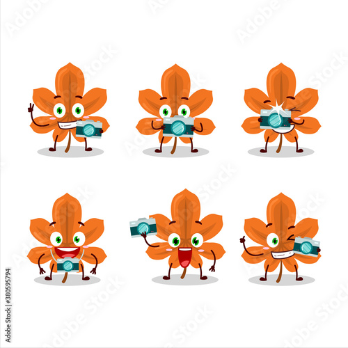 Photographer profession emoticon with orange dried leaves cartoon character