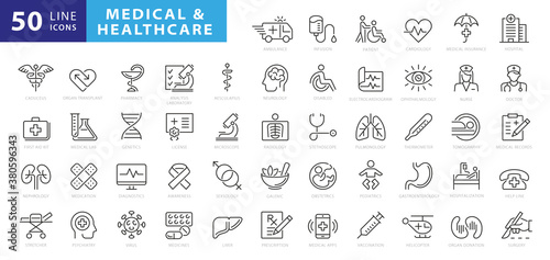 Medicine and Health symbols - minimal thin line web icon set. Outline icons collection. Simple vector illustration