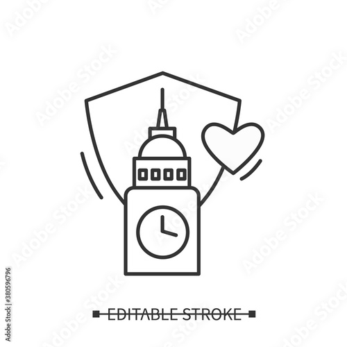 Landmark preservation line icon. World heritage protection. Safety of significant monuments and buildings. Volunteering and charity concept. Isolated vector illustration. Editable stroke 