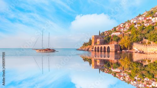 Fototapeta Naklejka Na Ścianę i Meble -  Ancient shipyard next to Red tower ( Kizil Kule) in Alanya peninsula - Antalya, Turkey