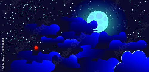 Fototapeta Naklejka Na Ścianę i Meble -  The moon, stars and silhouettes of clouds.