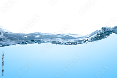 Water splash Aqua flowing in waves and creating bubbles Drops on the water surface feel fresh and clean isolated on white background