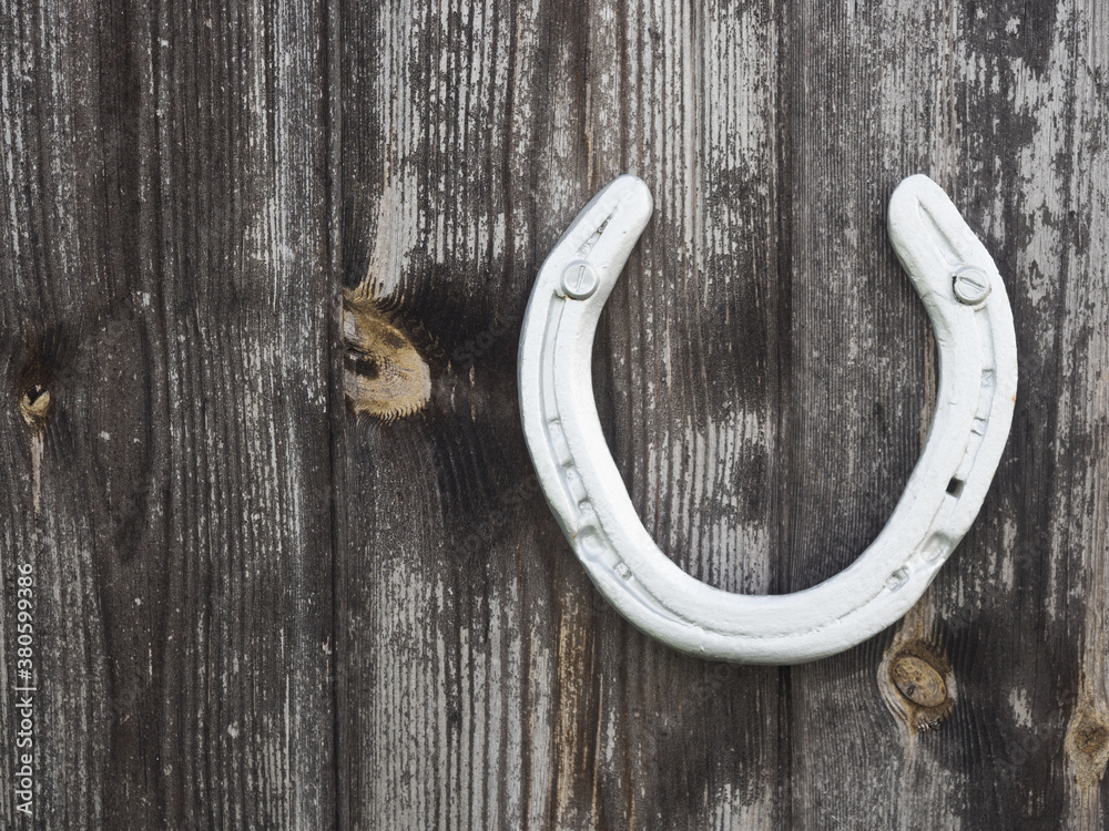 A silver horseshoe has been screwed to wood panelling as a lucky omen A silver horseshoe has been screwed to wood panelling as a lucky omen