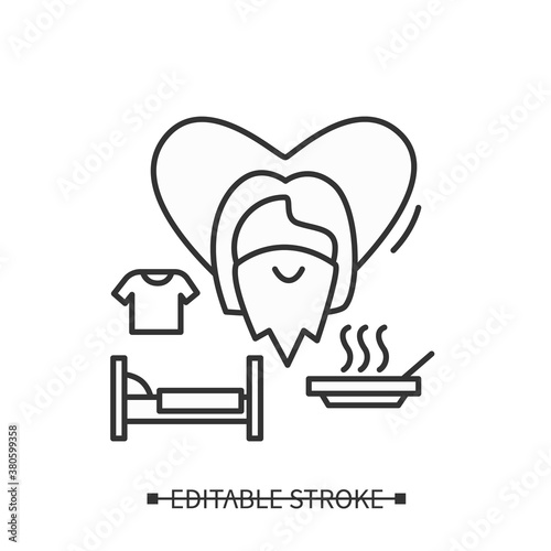 Homeless shelter line icon. Help centers for peoples in need. Flophouses. Food, shelter and clothing for the homeless. Volunteering and charity concept. Isolated vector illustration. Editable stroke