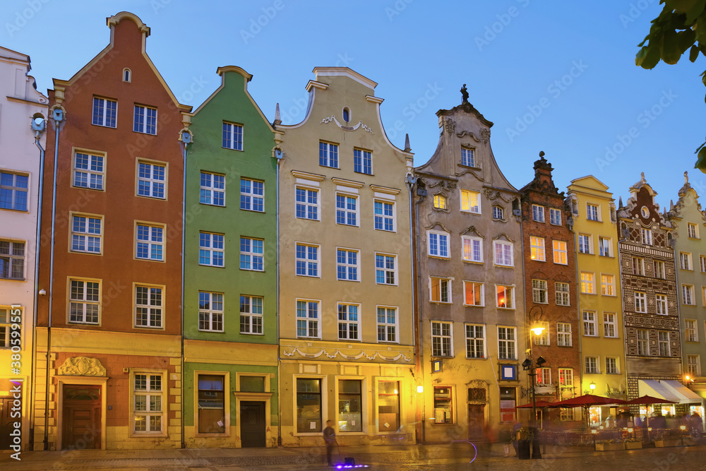 Nightlife of illuminated Gdansk streets, Poland