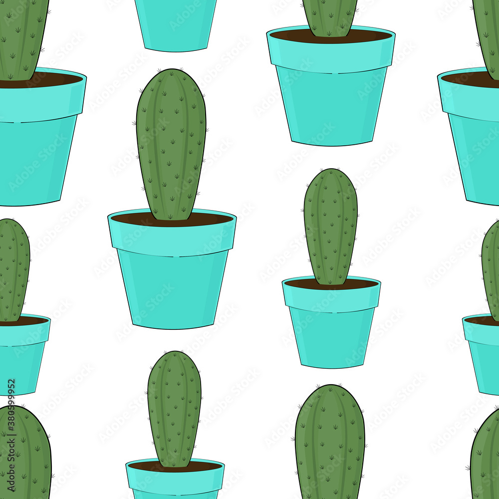 Seamless pattern cactus in pots vector illustration