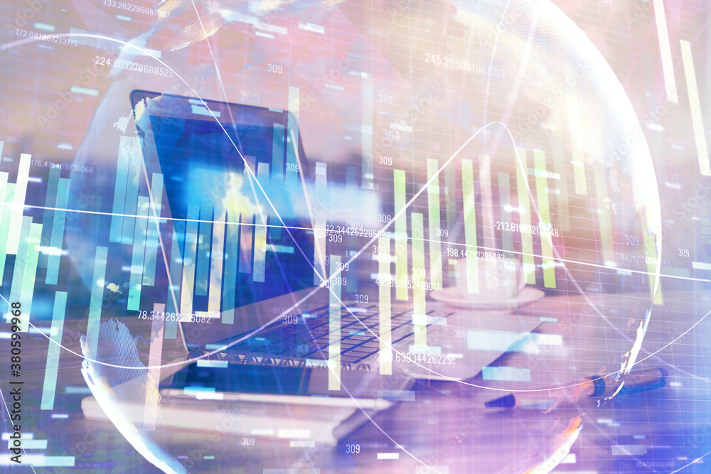 Multi exposure of business theme icons and work space with computer background. Concept of success. Multi exposure of business theme icons and work space with computer background. Concept of success.