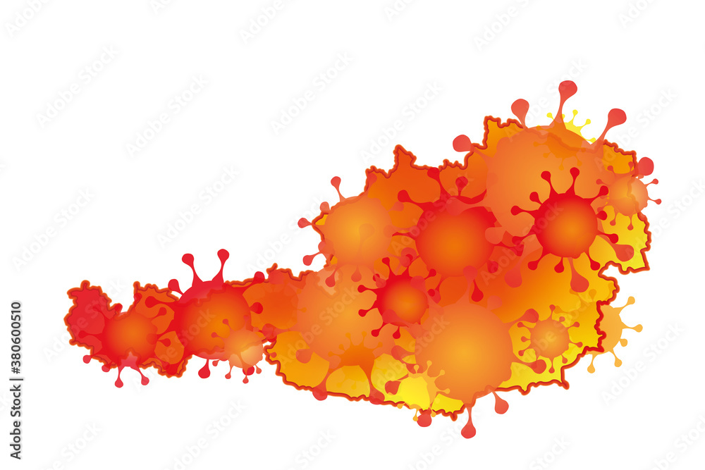 Eine leuchtend orangen Landkarte mit vielen Viren auf weißem Hintergrund.