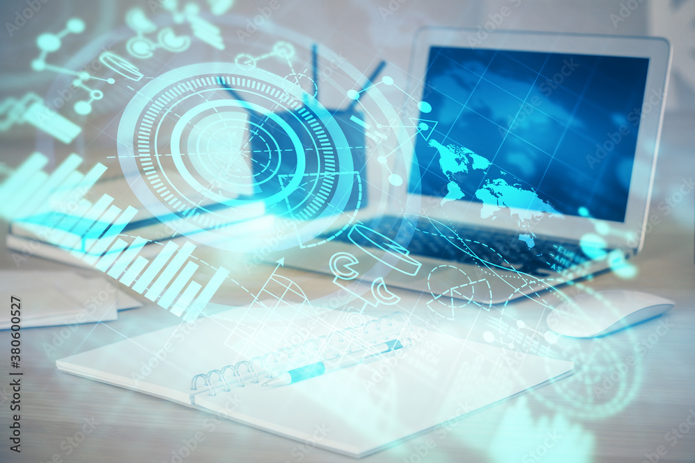 Multi exposure of business theme icons and table with computer background. Concept of success. Multi exposure of business theme icons and table with computer background. Concept of success.