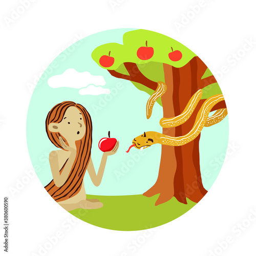 Vector biblical illustration with Eve and the snake in the Garden of Eden. Eve and Satan. Temptation. Disobedience. Sin. Apple, forbidden fruit. Cute Bible characters in a kind childish cartoon style.