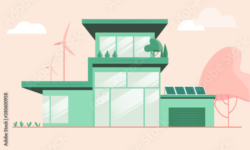 Prefabricated sustainable home with modernist environmentally conscious design, including solar panels and wind farms. Eco friendly smart houses and efficient homes, built from low-impact materials