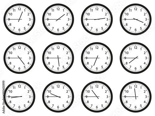 Set of analog wall clocks with black frame and hands. Flat style vector illustration. Simple classic round wall clock with Arab numbers isolated on white background. Quarter to every hour