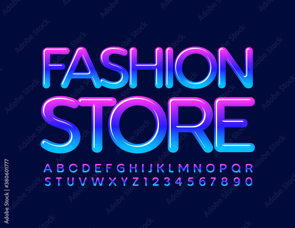 Vector business template Fashion Store. Bright trendy Font. Creative Alphabet Letters and Numbers set