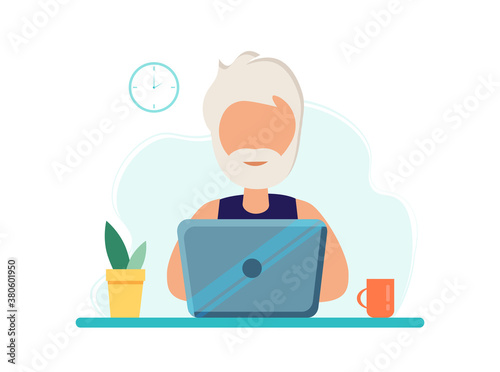 An elderly man at a laptop. Home office during coronavirus outbreak concept, old man works from home. Vector illustration in flat style. Stay at home
