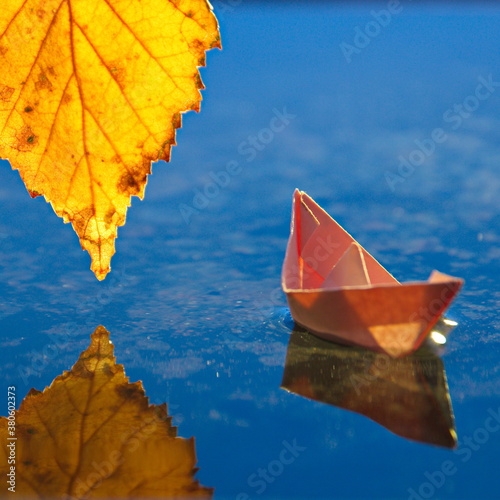 Paper boat and autumn leaf